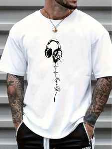 Detailed view of white oversized T-shirt featuring Music is Life headphone graphic print