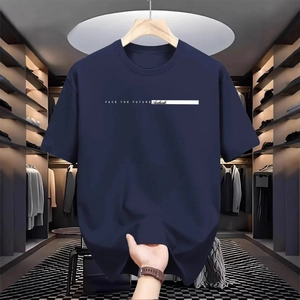 Donkerblauw heren T-shirt met korte mouwen, Face the Future-print en een ronde hals