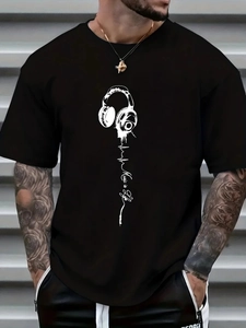 Detail of music is life heart rate print on men's black gothic streetwear cotton t-shirt