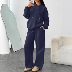 Women's navy blue oversized hoodie and wide-leg sweatpants set for autumn wear
