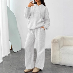 Women's light grey hooded sweatshirt and wide-leg trousers casual two-piece lounge set