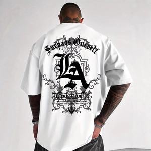 Men's Streetwear Cotton T-Shirt Gothic Letter Print Round Neck Short Sleeve Top Casual Vintage Style Oversized Tee For Men