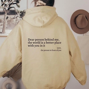 Cream oversized hoodie for women with Dear Person Behind Me back print and warm fleece