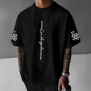 Men's black street-style t-shirt with Los Angeles script and LA sleeve print
