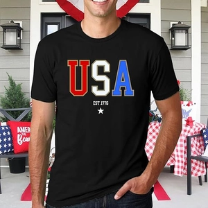 Détail de l'imprimé USA 1776 sur le t-shirt patriotique noir pour hommes avec dorure