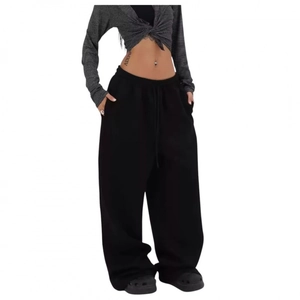 Women's black high street loose wide-leg lounge pants with drawstring waist
