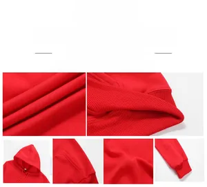 Dettaglio della felpa rossa con cappuccio che mostra trama, polsini a coste e coulisse
