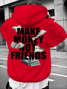 Detail of red streetwear hoodie with Make Money Not Friends text and dollar print