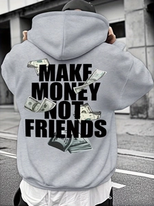 Detail of grey oversized hoodie featuring MAKE MONEY NOT FRIENDS and dollar bill back print