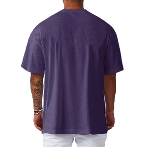 Macro view of purple mesh fabric on men's breathable short sleeve fitness T-shirt