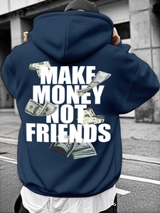 Detail of dark blue hoodie with white MAKE MONEY NOT FRIENDS slogan and dollar print