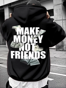 Macro detail of 'MAKE MONEY NOT FRIENDS' print on black oversized streetwear hoodie
