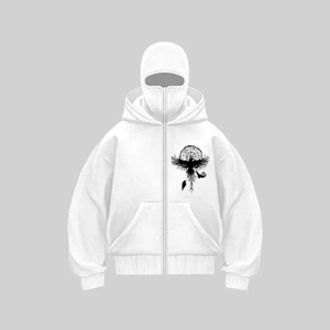 Detail view of white full-zip hoodie with built-in balaclava mask and raven graphic
