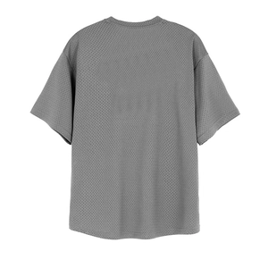 Close-up of gray mesh fabric back on men's breathable quick-dry short sleeve gym t-shirt