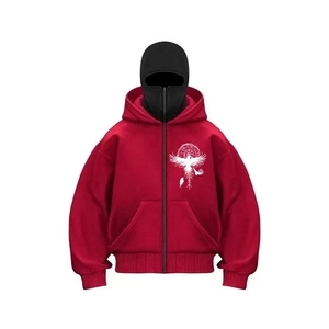 Detail of red oversized hoodie featuring white eagle and viking compass graphic print