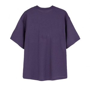 Back view of a purple mesh fitness t-shirt with breathable quick-dry fabric texture