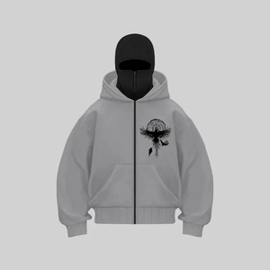 Detailed view of the crow and Norse rune print on a grey zip-up gothic hoodie
