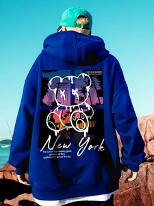 Oversized navy hoodie with New York graphic print and bear silhouette on back view