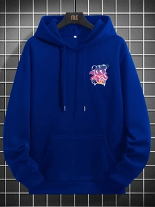 Detail view of Klein blue hoodie featuring a purple gradient graffiti bear print and kangaroo pocket