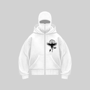 White oversized hoodie with balaclava mask and Viking raven symbol print on chest