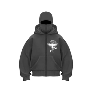 Loose-fit charcoal grey punk hoodie with full-zip mask hood and Nordic raven print