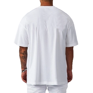 Oversized white mesh sports t-shirt for men featuring breathable fabric and drop shoulder design