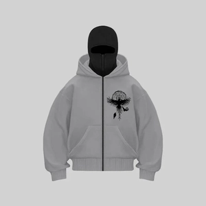 Loose punk gothic grey hoodie with black balaclava mask and raven rune print