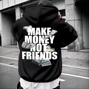 Men Streetwear Fleece Lined Hoodie Make Money Not Friends Letter Dollar Bill Print Harajuku Goth Oversized Pullover Sweatshirt