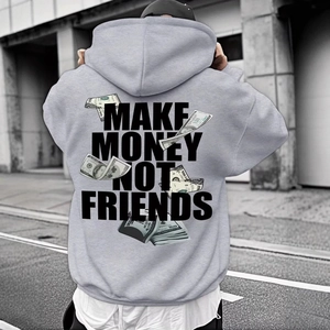 Oversized grey hoodie featuring gothic dollar print and MAKE MONEY NOT FRIENDS slogan