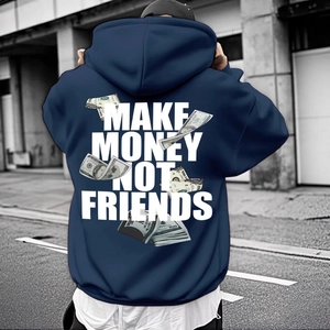Gothic street style navy hoodie featuring money print and back slogan for men and women