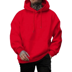Oversized bright red hoodie with drop shoulders and dollar sign print for street style