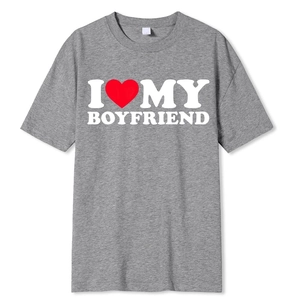 Close-up detail of I Heart My Boyfriend print on gray crew neck cotton blend t-shirt