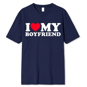 Detail of navy blue t-shirt with white I Heart My Boyfriend slogan and red heart