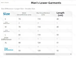 Guide des tailles pour shorts en mesh homme avec tour de taille et de hanches en cm