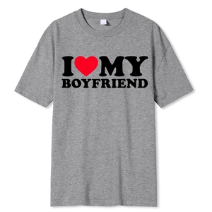Detail view of I Love My Boyfriend print on a grey cotton crewneck street style T-shirt