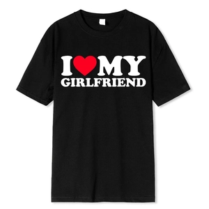 Detail of soft cotton black T-shirt showing white I love my girlfriend print
