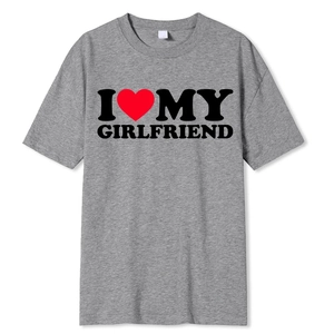 Close-up of I Love My Girlfriend print on gray short sleeve cotton blend T-shirt