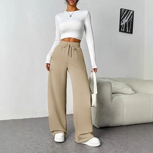 Women's high waist wide leg trousers with adjustable drawstring and pockets in khaki