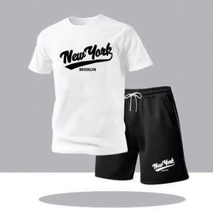 Ensemble d'été en mesh pour homme avec t-shirt Brooklyn blanc et short noir à cordon