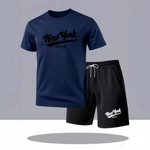 Ensemble t-shirt en mesh marine et short noir pour homme avec imprimé Brooklyn été