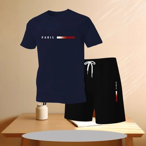 Ensemble t-shirt en maille bleu marine et short noir avec imprimé Paris pour le sport homme