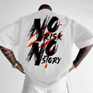 Oversized white cotton T-shirt with black street style text and red scratch graphic