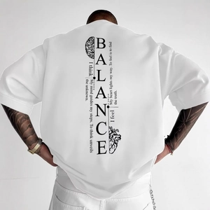 T-shirt blanc en coton pour homme avec texte Balance et imprimé cerveau-coeur au dos
