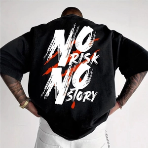 Oversized black cotton T-shirt featuring NO RISK NO STORY slogan print on back