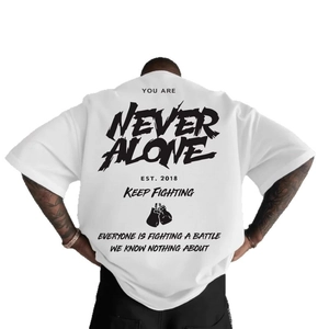 Oversized white cotton T-shirt featuring gothic Never Give Up back print and boxing gloves