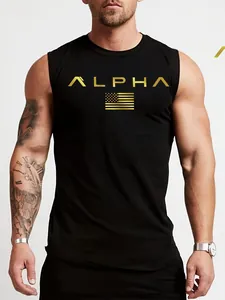 Close-up of gold ALPHA print and flag design on a black muscle fit fitness vest