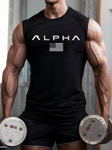 Close-up of muscle fit cotton gym tank top with ALPHA print and American flag design