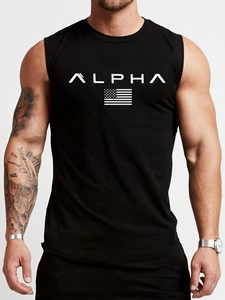 Detail of ALPHA logo and flag print on black cotton sleeveless gym tank top for men