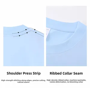 Details zu verstärkten Schulternähten und hochdichtem Rippbündchen am hellblauen T-Shirt