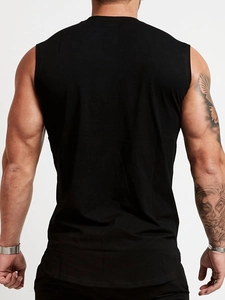 Detailed back view of muscular fit black cotton sports vest with sleeveless cut